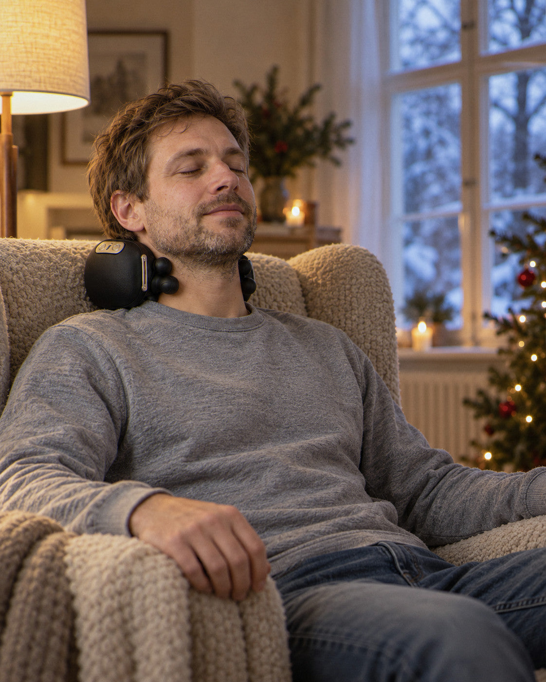 Nackenmassagegerät mit Wärme im gemütlichen Zuhause am Winterabend