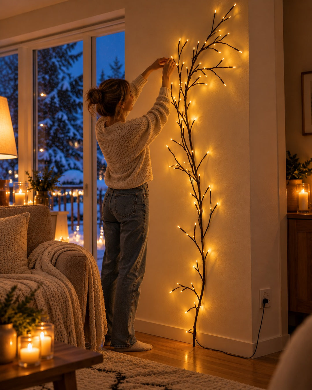Lichter-Tannenbaum zum Biegen im Größenvergleich mit einer Frau 