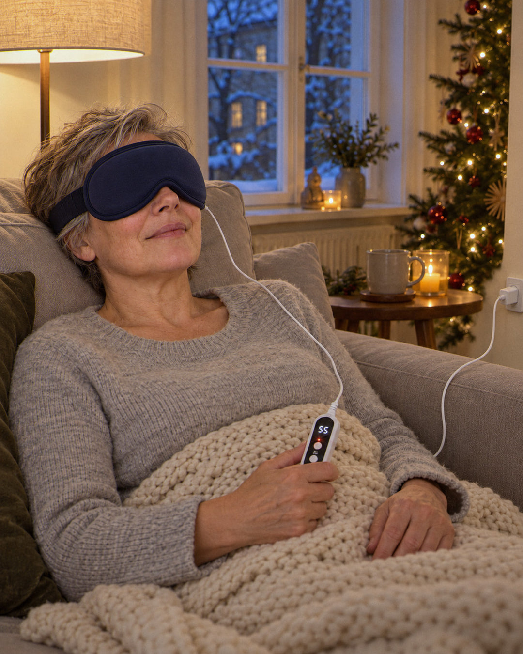 Wärme-Augenmaske am Abend auf dem Sofa