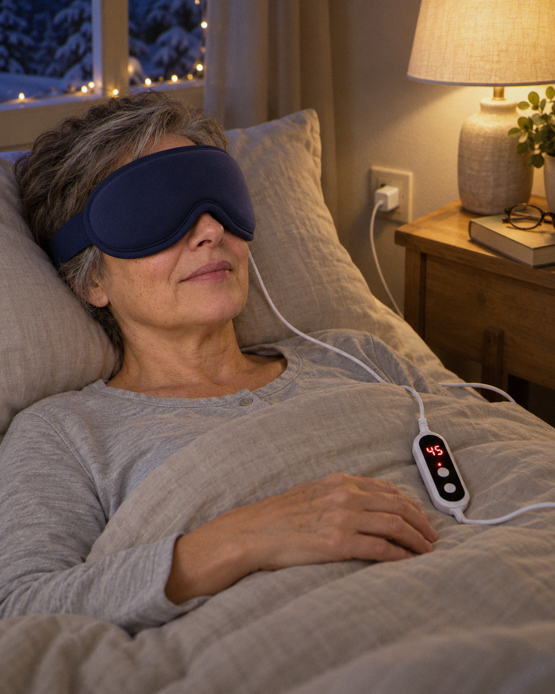 Wärme-Augenmaske vor dem Einschlafen im Bett