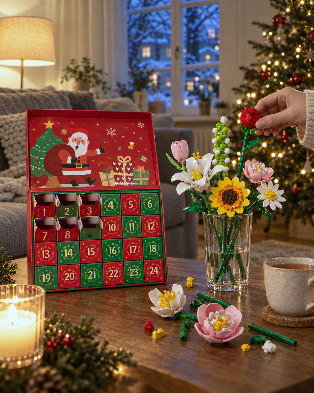 Blumen-Adventskalender zum Bauen: Kalender mit 24 Türchen und fertigem Strauß am Abend