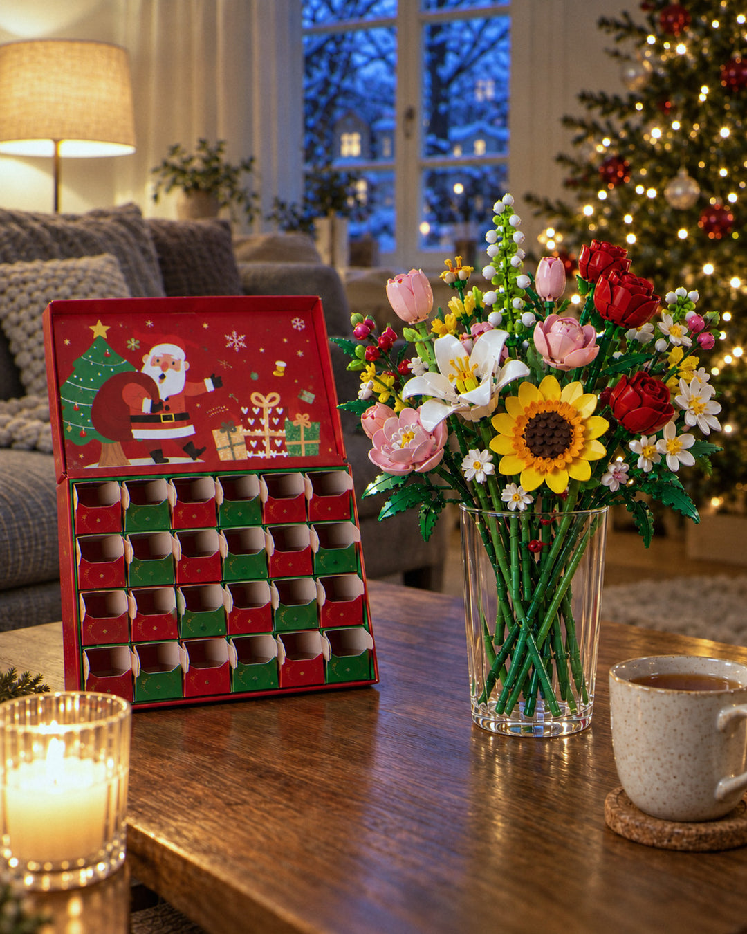 Blumen-Adventskalender zum Bauen: fertiger Strauß aus Bausteinblumen neben dem leeren Kalender