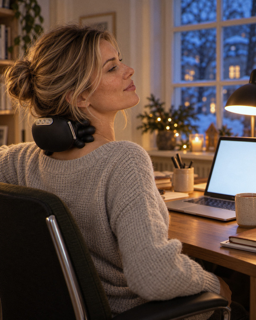 Nackenmassagegerät mit Wärme am Abend im Homeoffice
