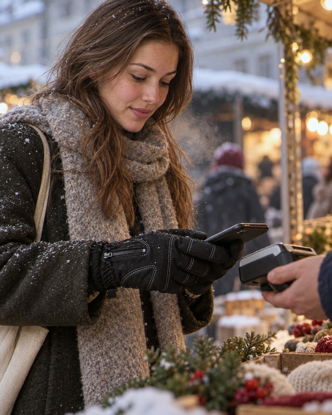 Touchscreen-Winterhandschuhe im gemütlichen Zuhause am Winterabend