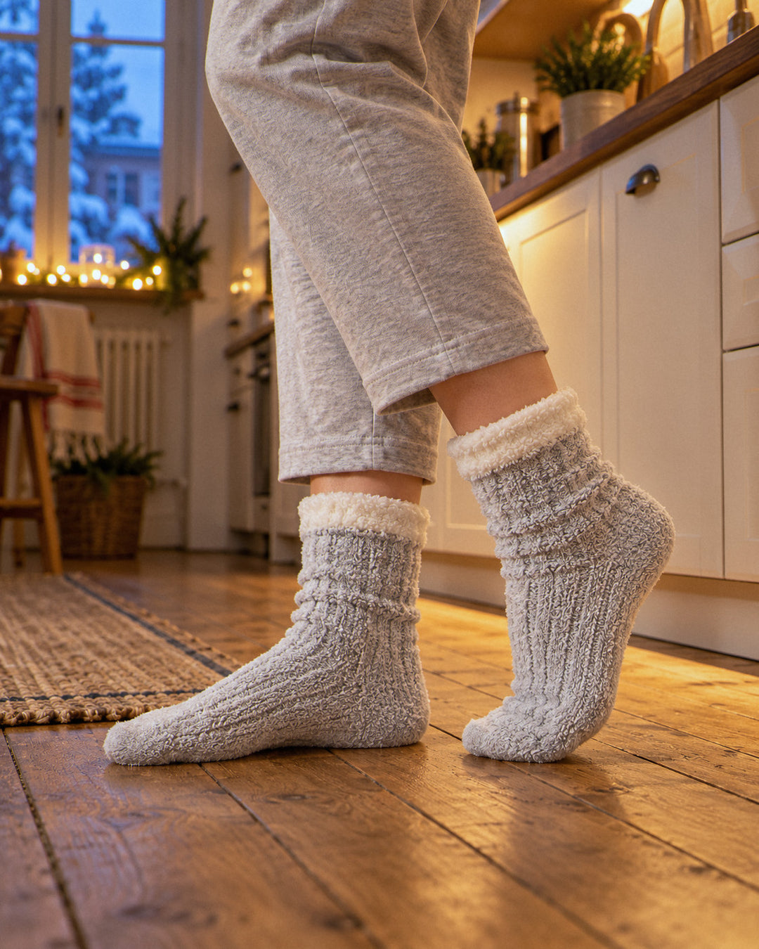 Kuschelsocken, 5 Paar in der Küche getragen