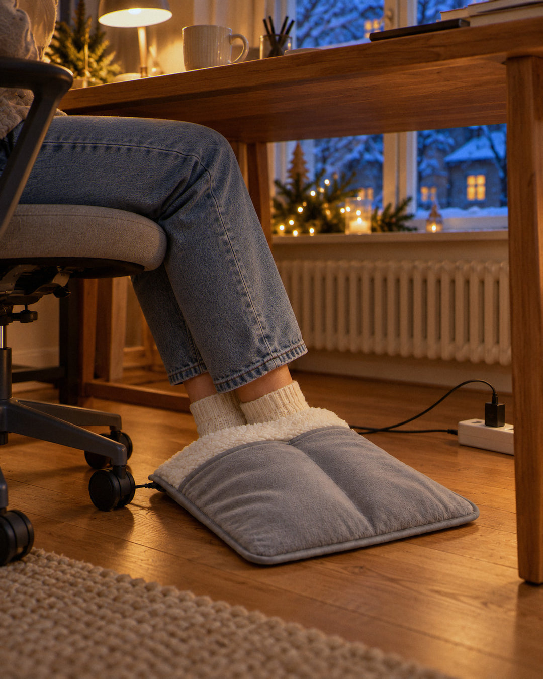 Beheizter Fußwärmer am Abend im Homeoffice
