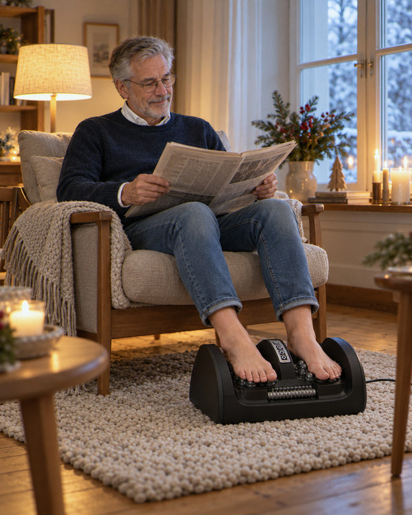 Fußmassagegerät mit Wärme im gemütlichen Zuhause am Winterabend