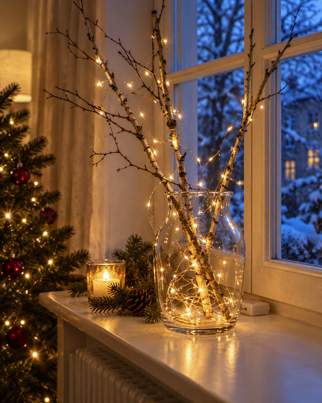 Mini-Lichterkette 10 m mit Timer in einer Vase mit Zweigen auf der Fensterbank