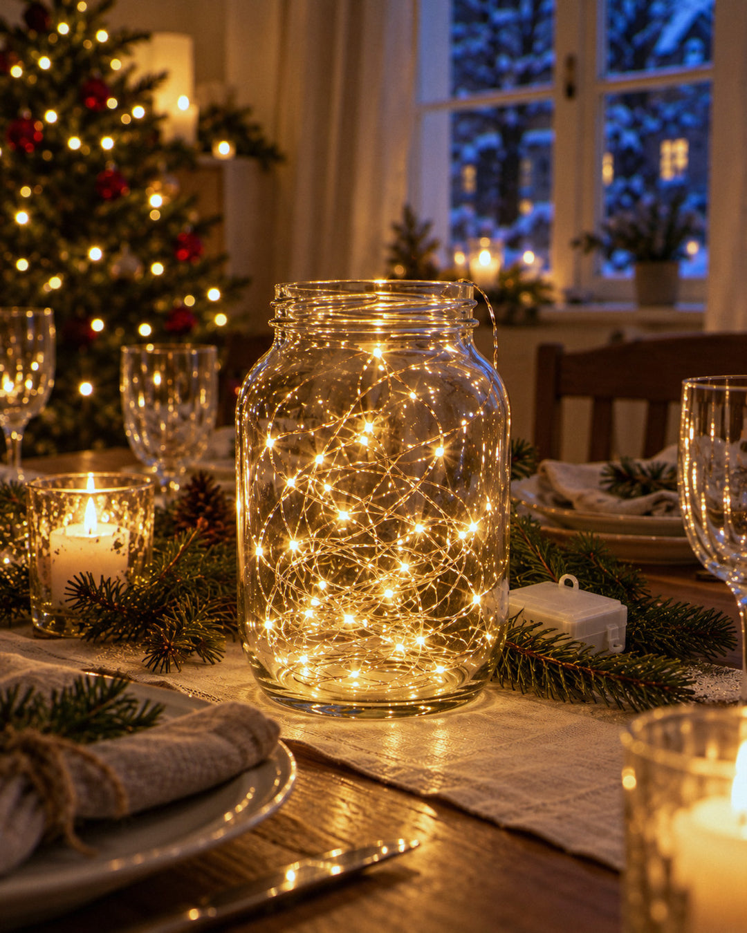 Mini-Lichterkette 10 m mit Timer im Einmachglas auf dem gedeckten Tisch