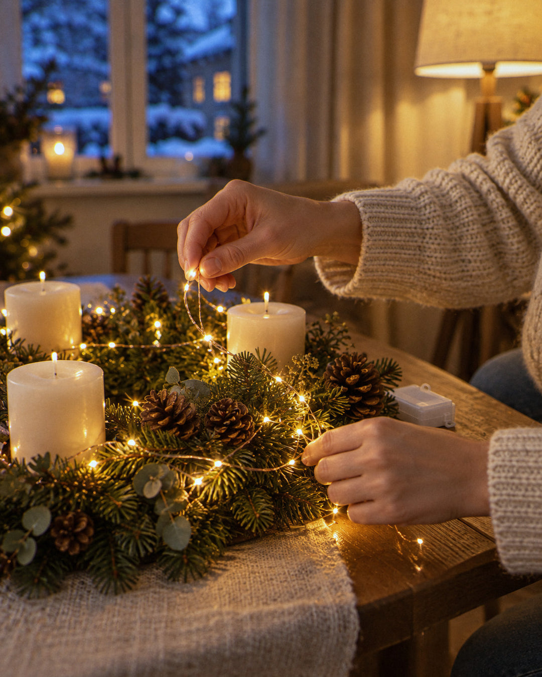 Glühwürmchen um den Adventskranz gewickelt