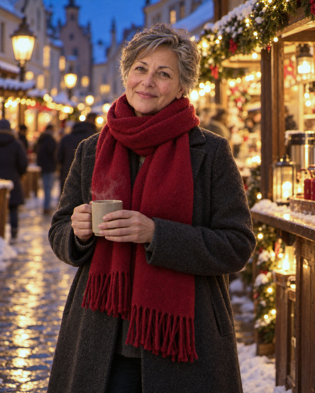 Winterschal mit Quasten am Abend auf dem Weihnachtsmarkt getragen