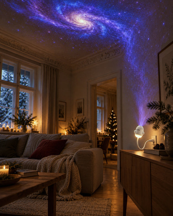 Sternenhimmel-Projektor im gemütlichen Zuhause am Winterabend