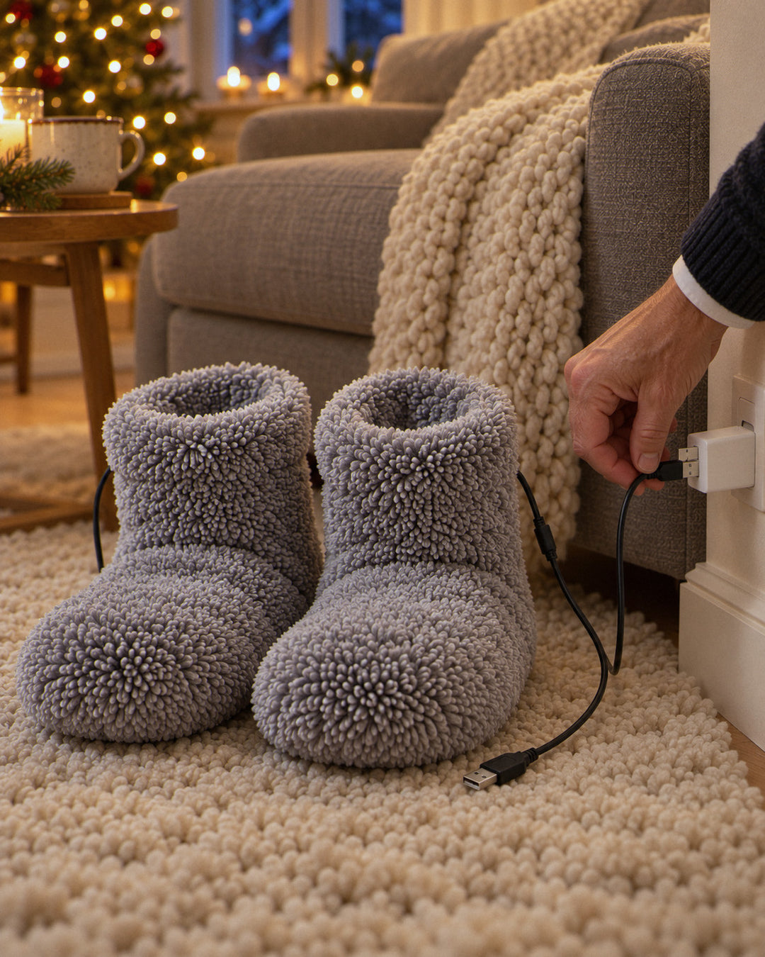 Beheizte Hausschuhe: Plüsch und USB-Kabel aus der Nähe