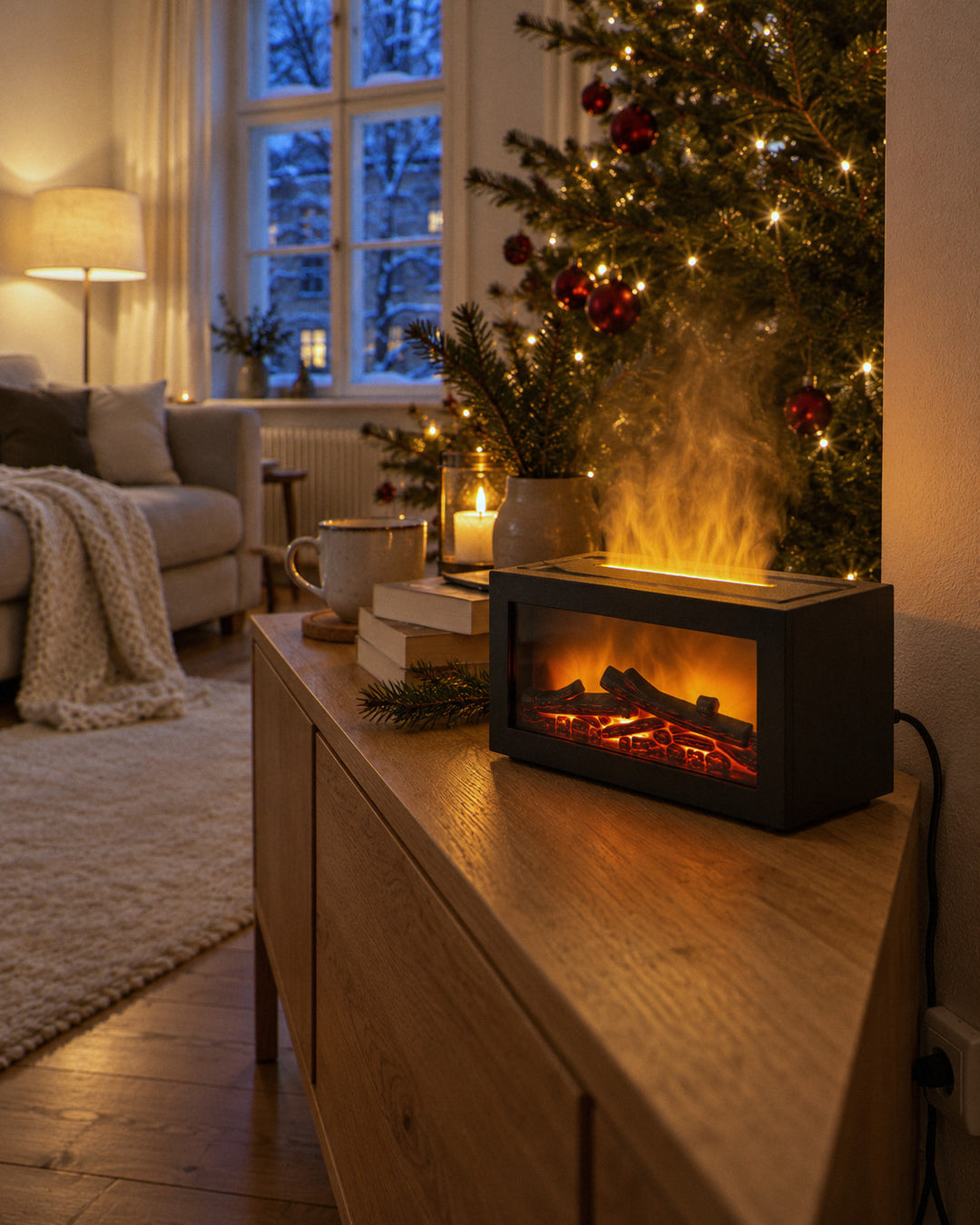 Kamin-Diffusor mit Flammeneffekt am Abend auf dem Sideboard neben dem Weihnachtsbaum