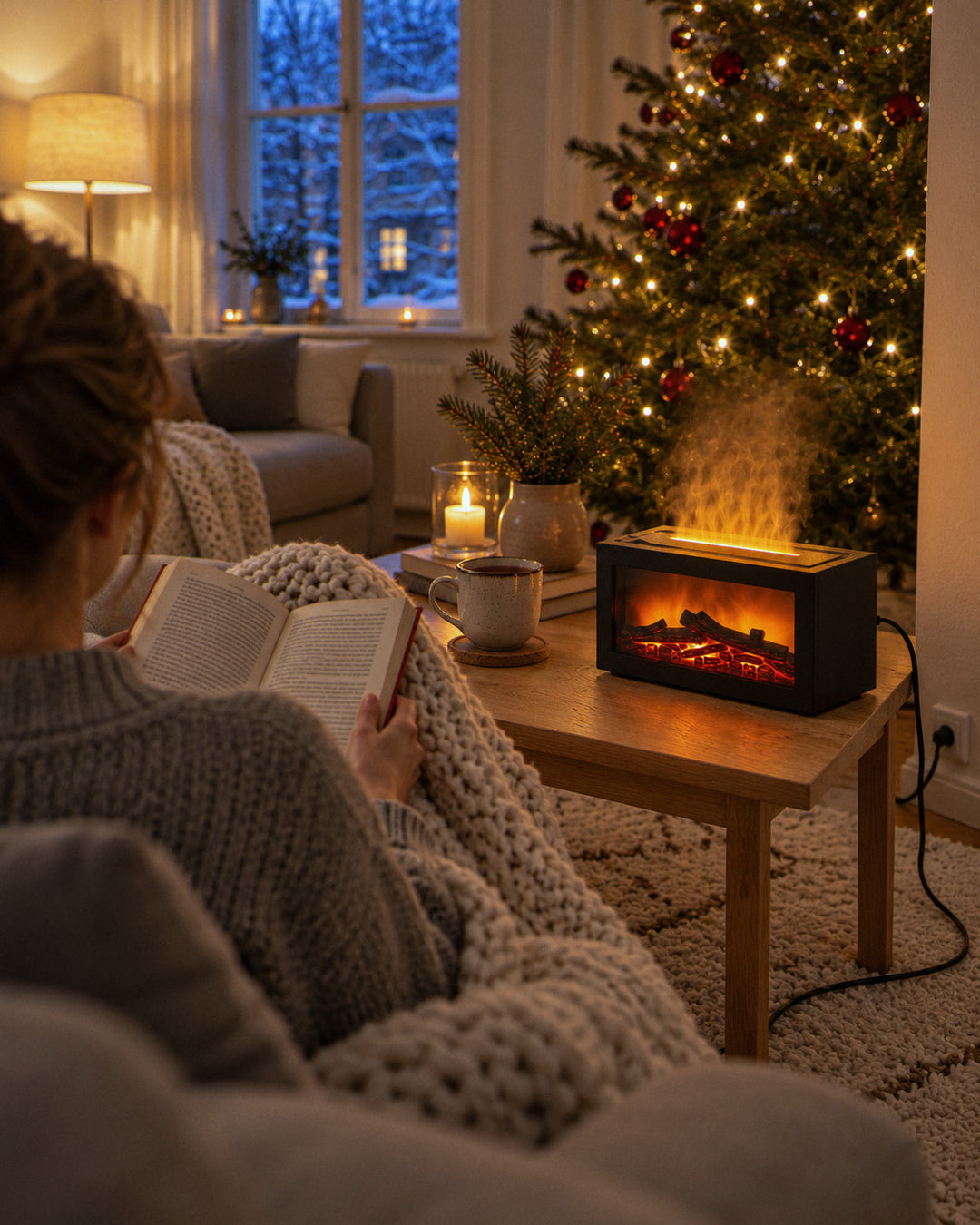 Kamin-Diffusor mit Flammeneffekt auf dem Couchtisch beim Lesen am Abend