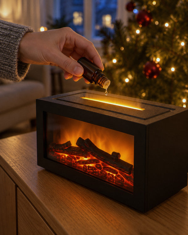 Kamin-Diffusor mit Flammeneffekt: ein paar Tropfen Duftöl in die Öffnung