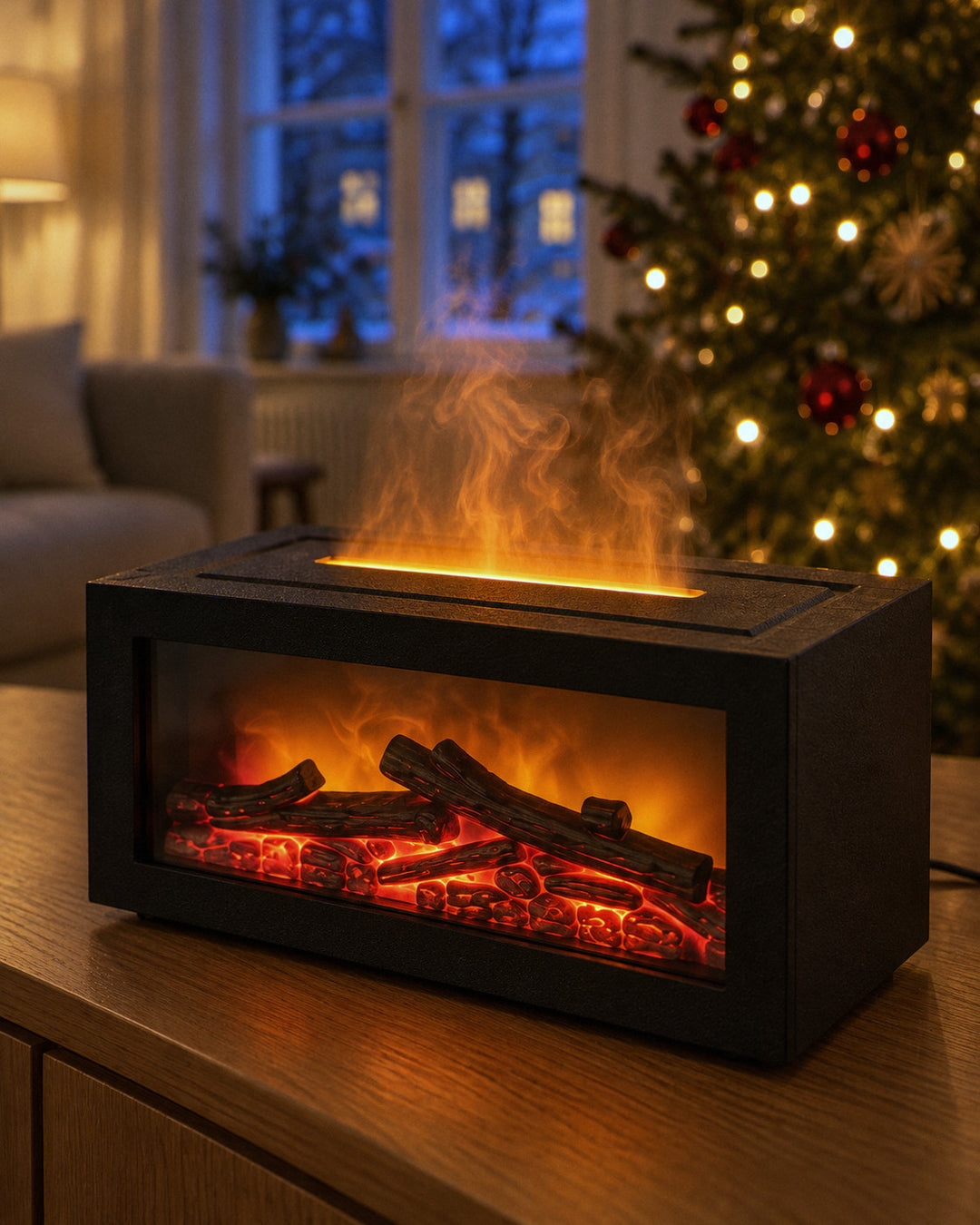 Kamin-Diffusor mit Flammeneffekt: beleuchteter Nebel wie Glut