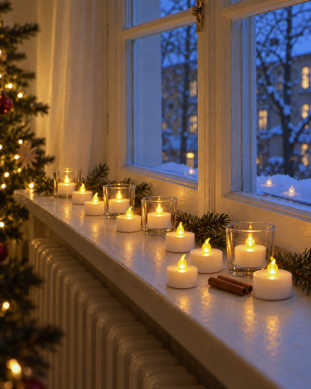 LED-Teelichter, 12 Stück am Abend auf der Fensterbank
