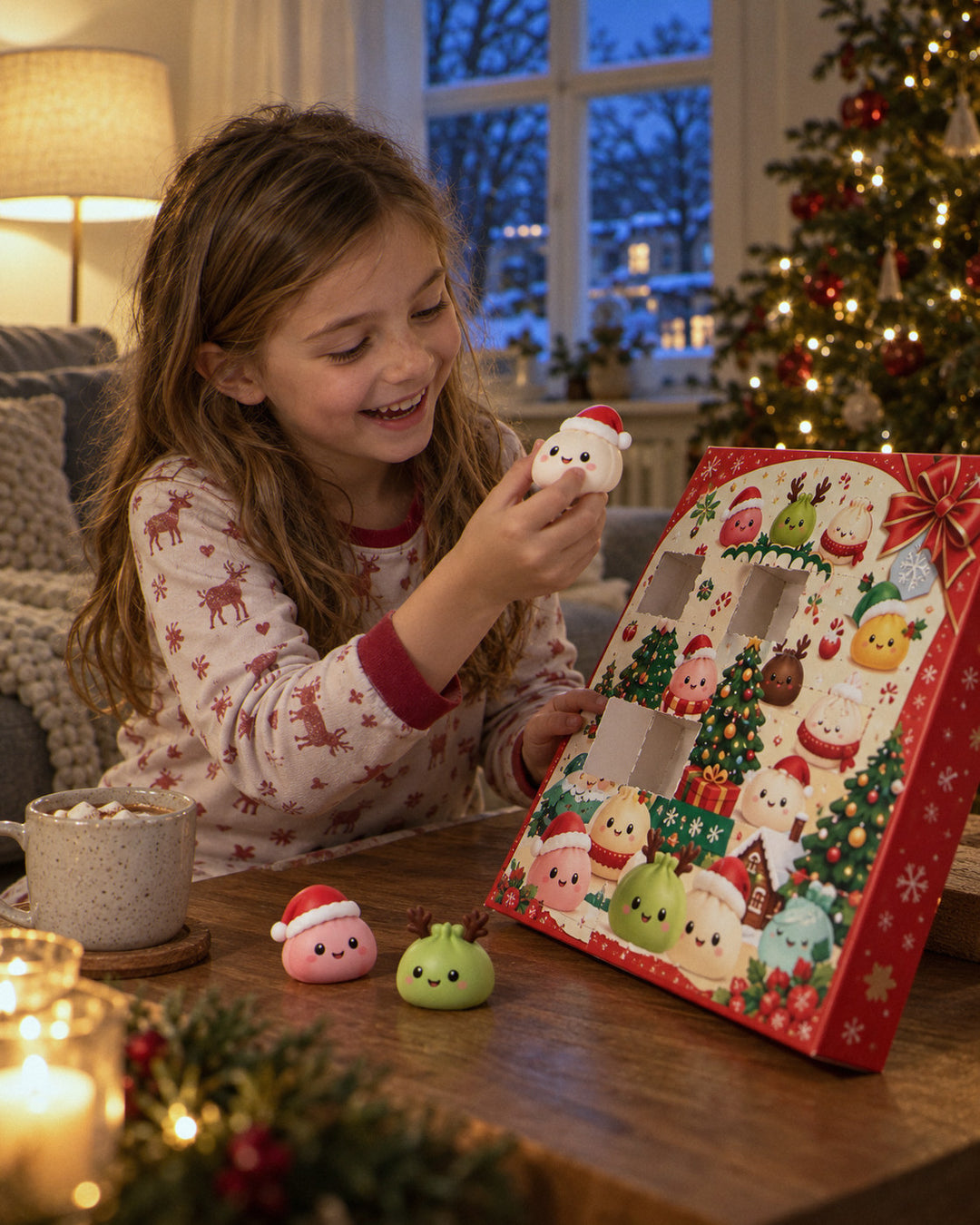 Squishy-Adventskalender: Kind öffnet ein Türchen am Couchtisch
