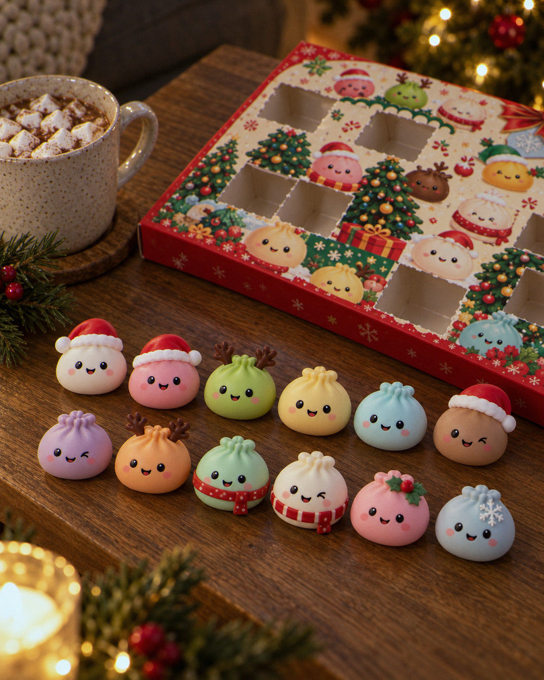Squishy-Adventskalender: Knautschfiguren vor dem Kalender aufgereiht