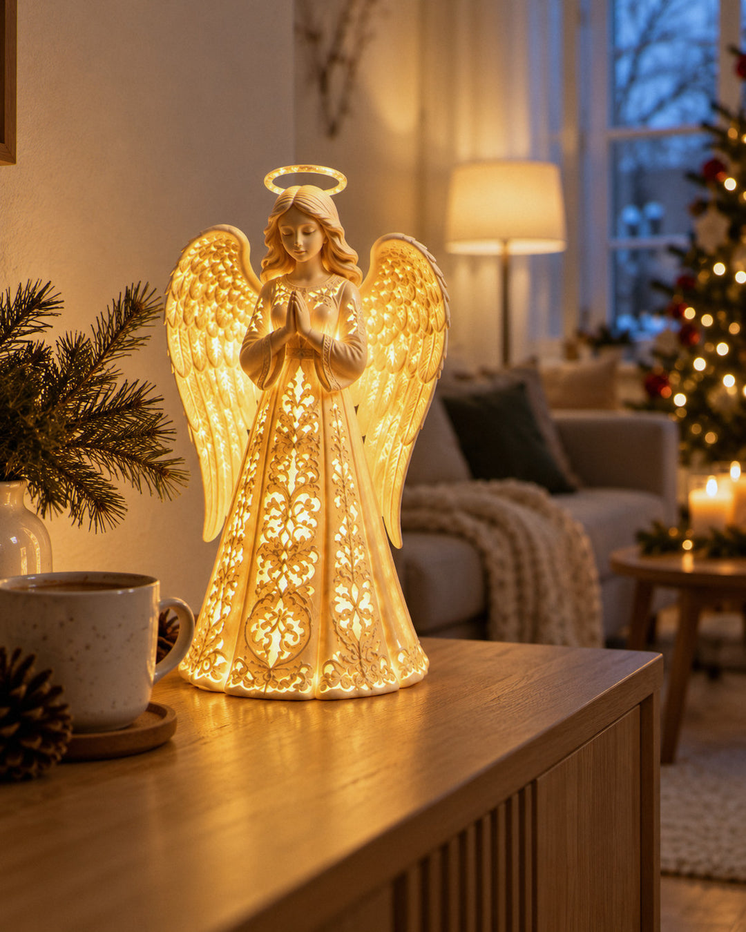 Leuchtender Schutzengel leuchtet am Abend auf dem Sideboard