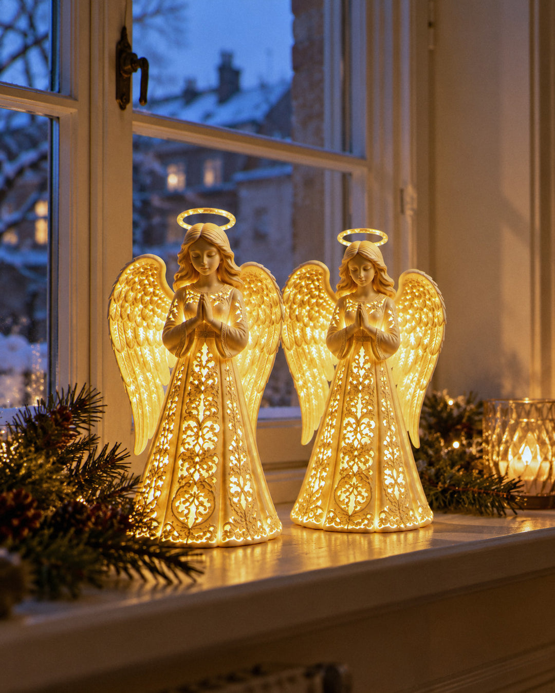 Lichtengel leuchten auf der Fensterbank