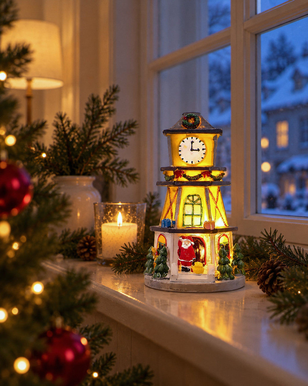 Leuchtendes Weihnachtsdorf am Abend auf der Fensterbank