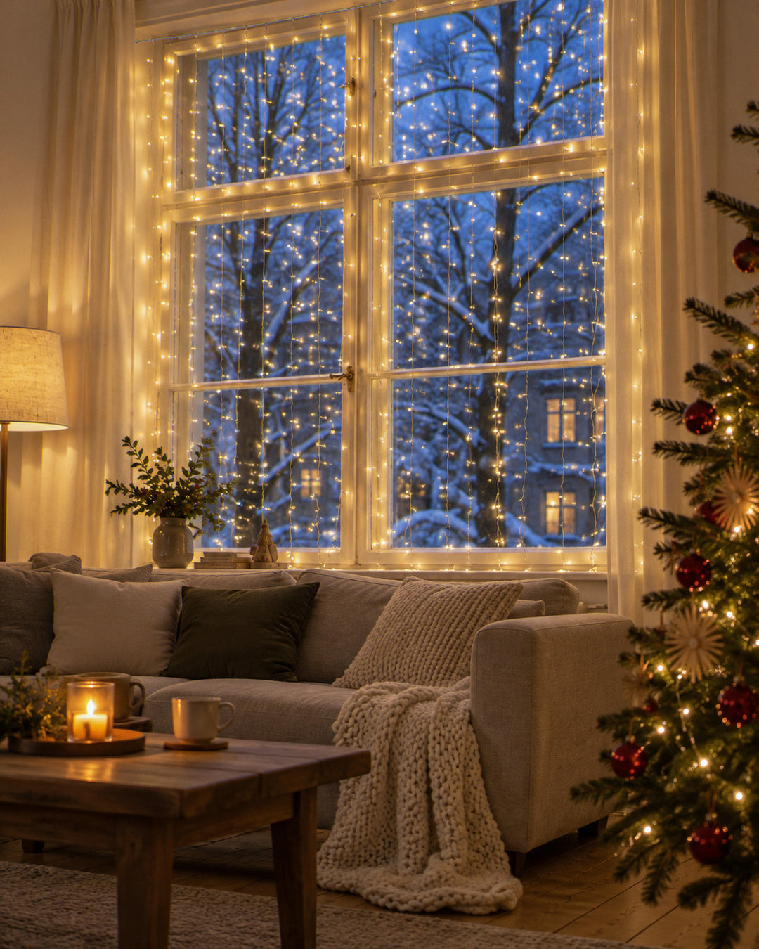 Lichtervorhang 3 × 2 m am Fenster hinter dem Sofa