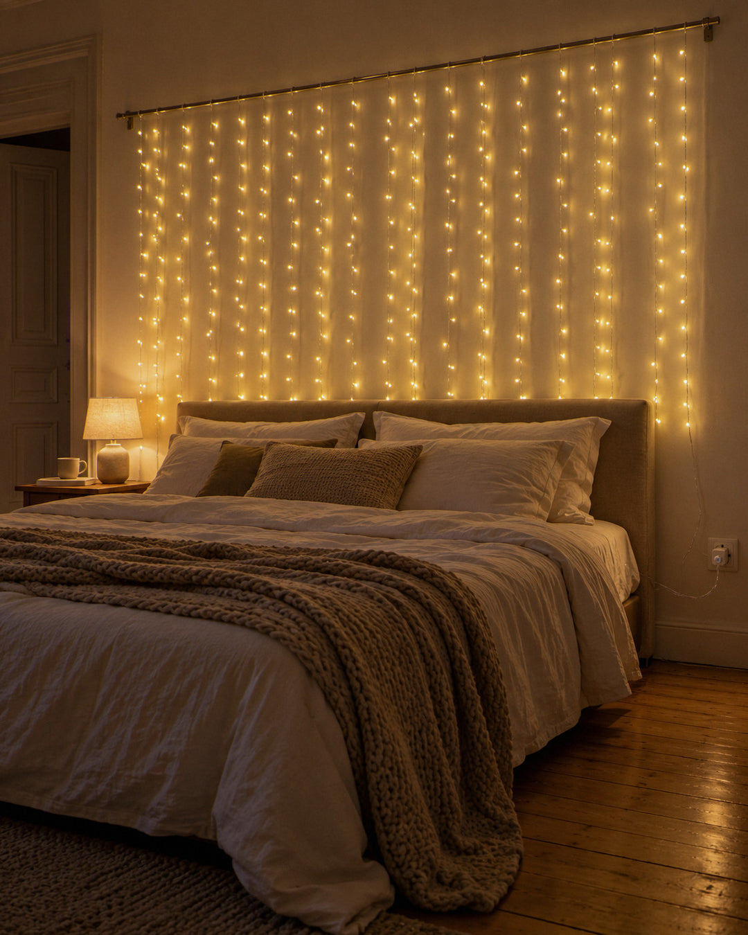 Lichtervorhang 3 × 2 m an der Wand hinter dem Bett