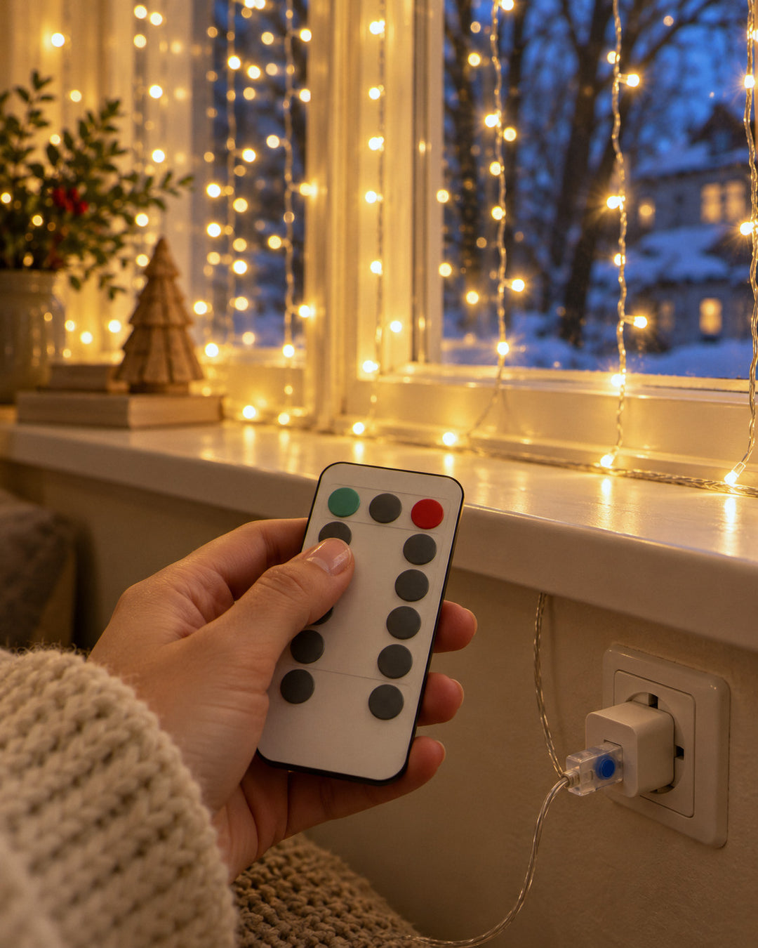 Lichtervorhang 3 × 2 m: Fernbedienung und USB-Stecker im Netzteil
