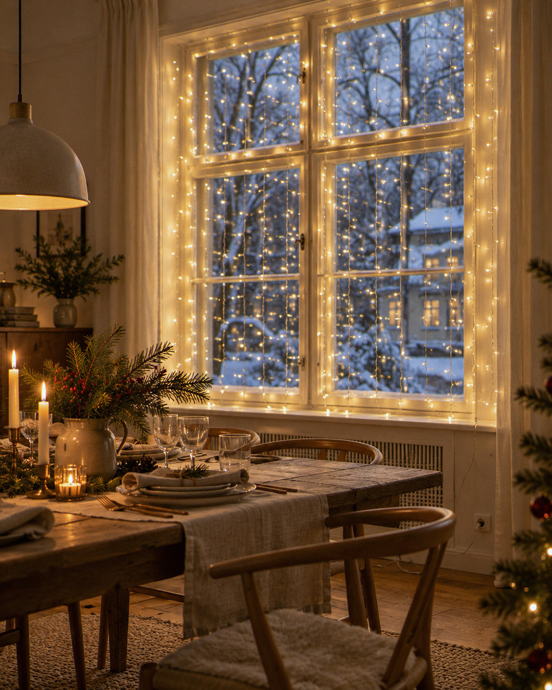 Lichtervorhang 3 × 2 m im gemütlichen Zuhause am Winterabend