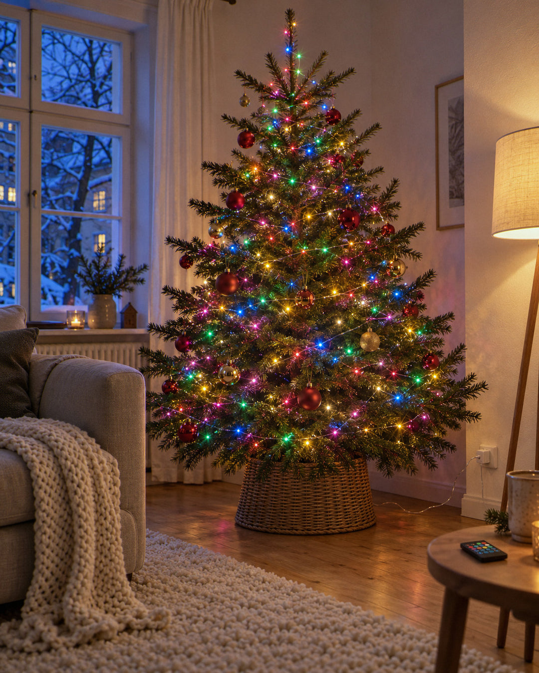 App-Lichterkette 20 m bunt am Weihnachtsbaum, USB-Netzteil sichtbar