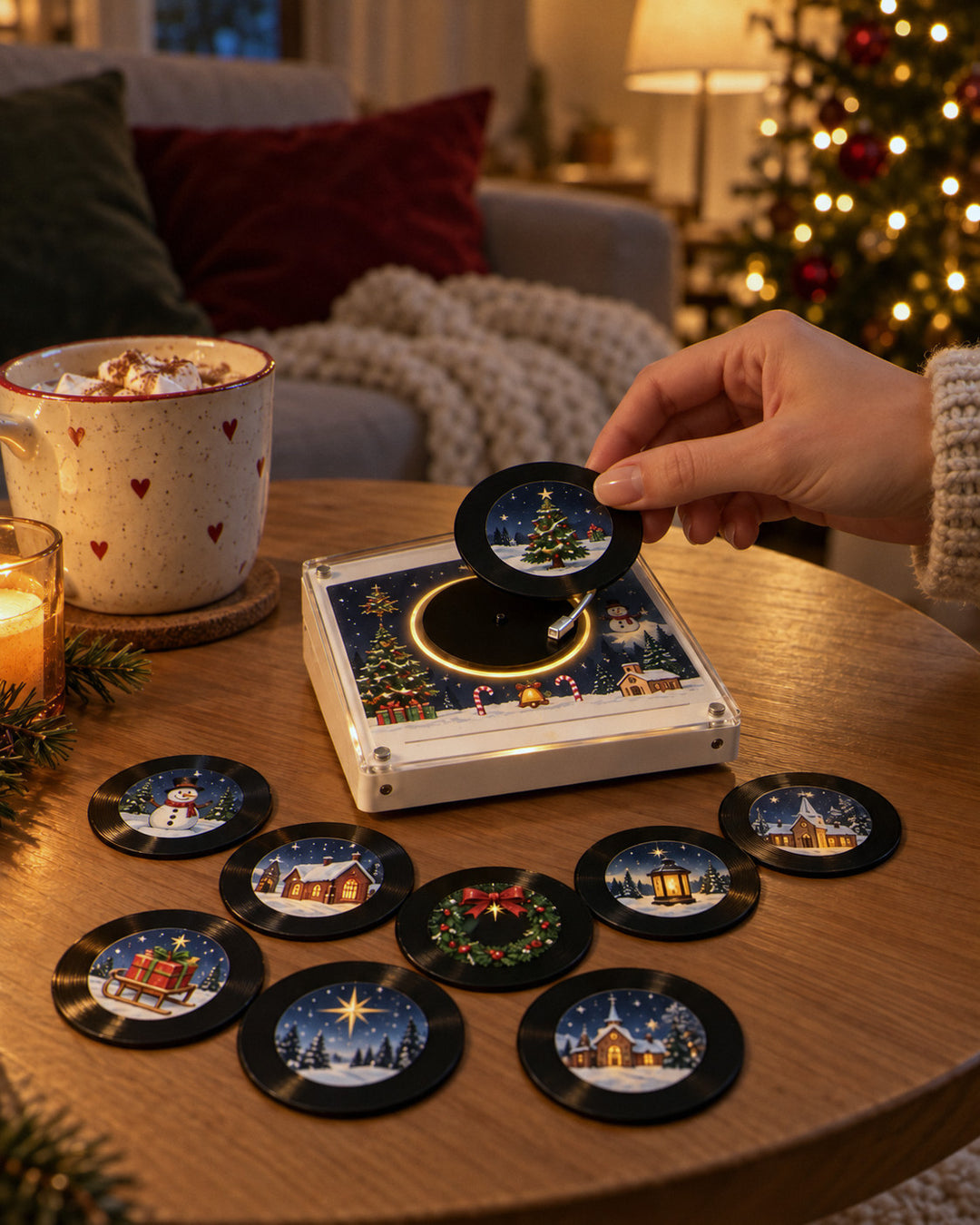 Weihnachts-Plattenspieler mit 9 Mini-Platten auf dem Couchtisch