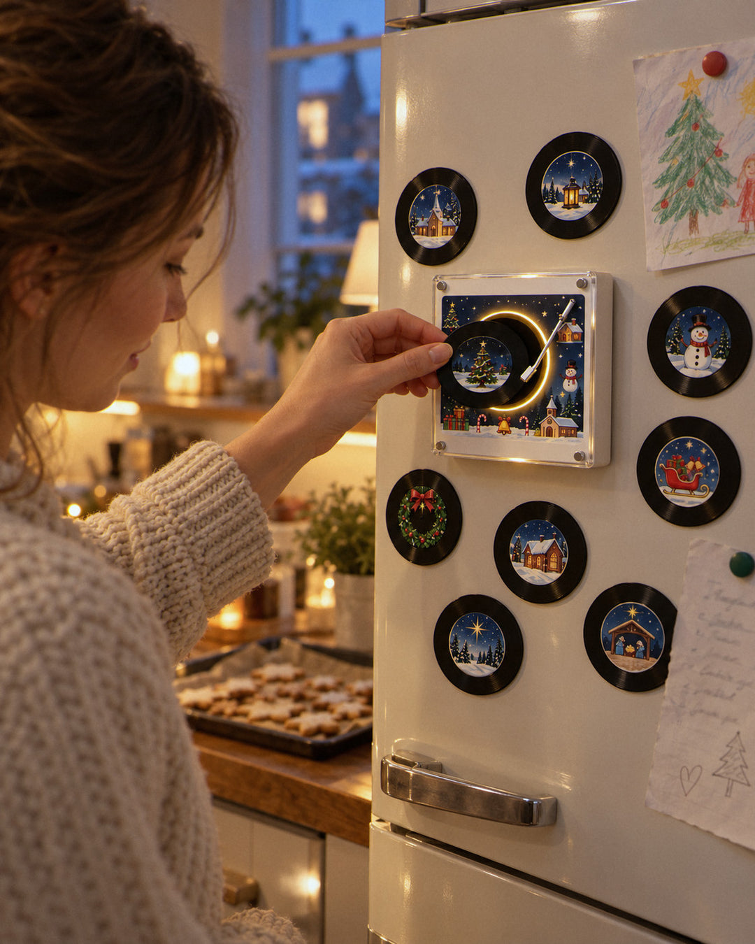 Plattenzauber am Kühlschrank, Mini-Platten als Magnete