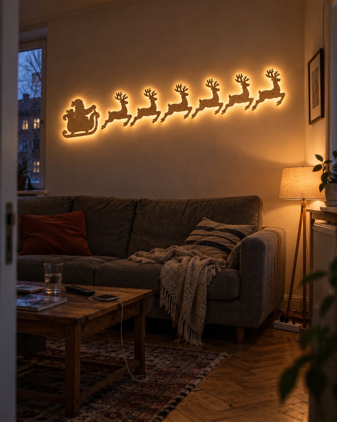 Leuchtende Wand-Rentiere über dem Sofa