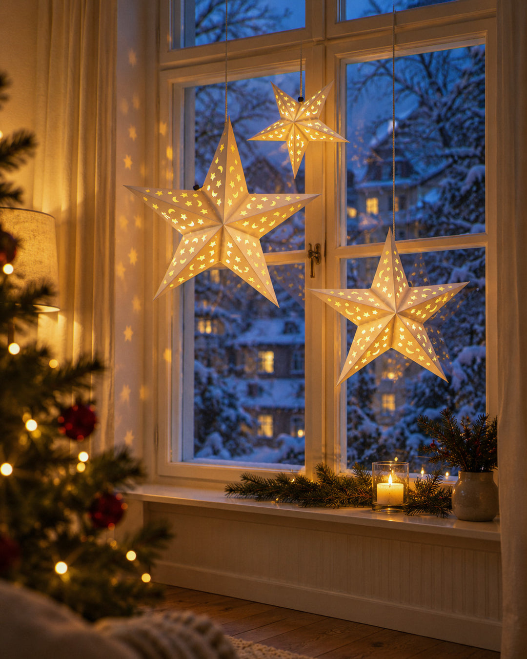 Leuchtender Fensterstern: drei Papiersterne leuchten im Fenster