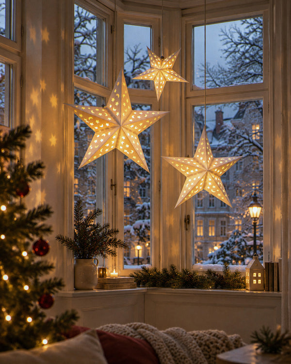 Leuchtender Fensterstern im gemütlichen Zuhause am Winterabend