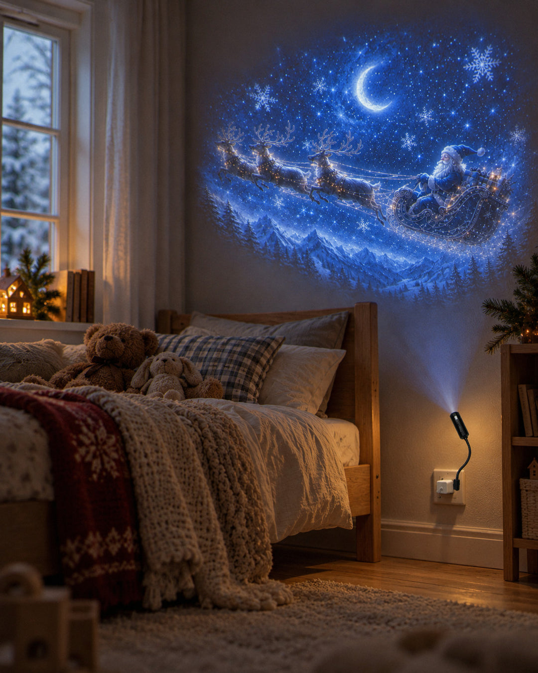 Weihnachts-Projektor im gemütlichen Zuhause am Winterabend