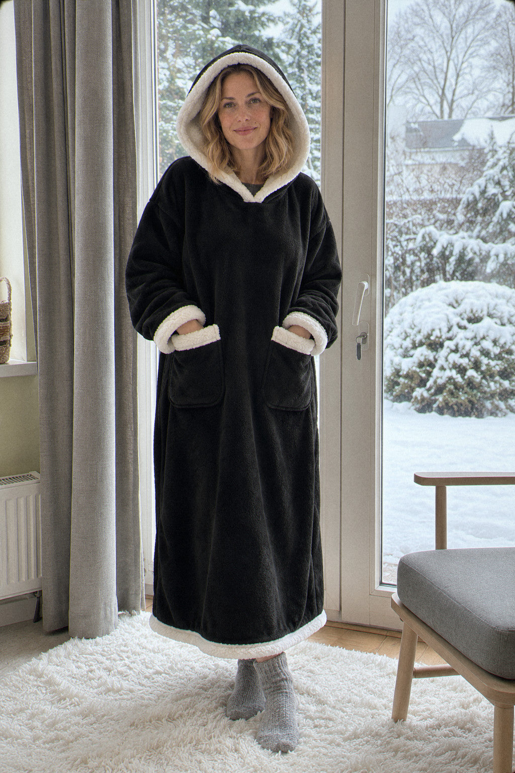 Kuscheldecke mit Ärmeln & Kapuze – Zuhause, ganze Länge