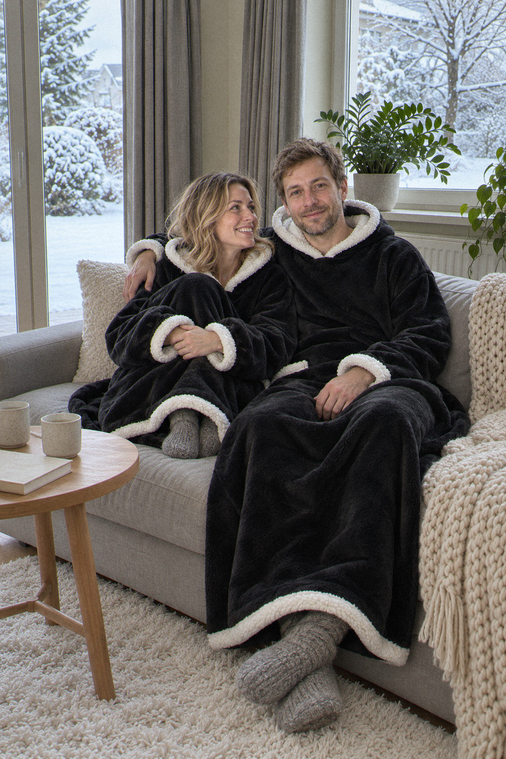 Kuscheldecke mit Ärmeln & Kapuze – Zu zweit (2er-Set)